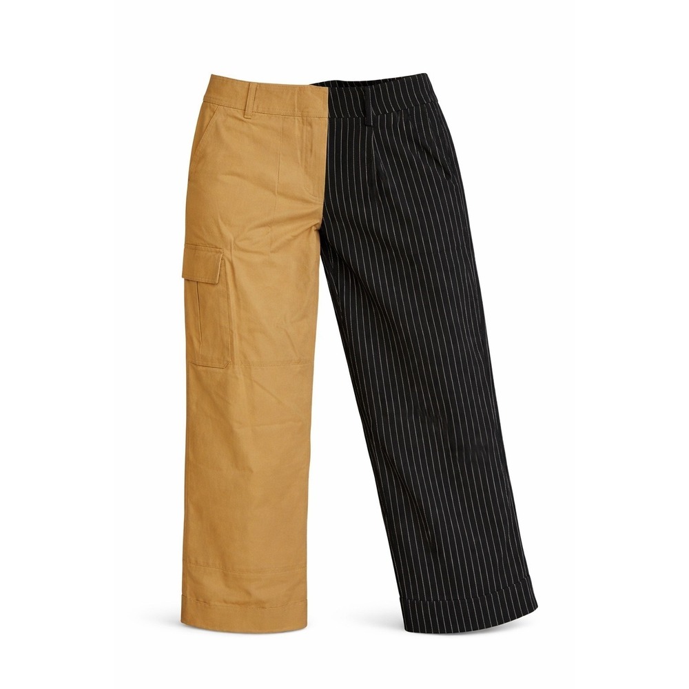 Choosy Two Tone Split Leg Cargo Pinstripe Trousers Tan Black Size 2 Streetwear - Picture 2 of 11